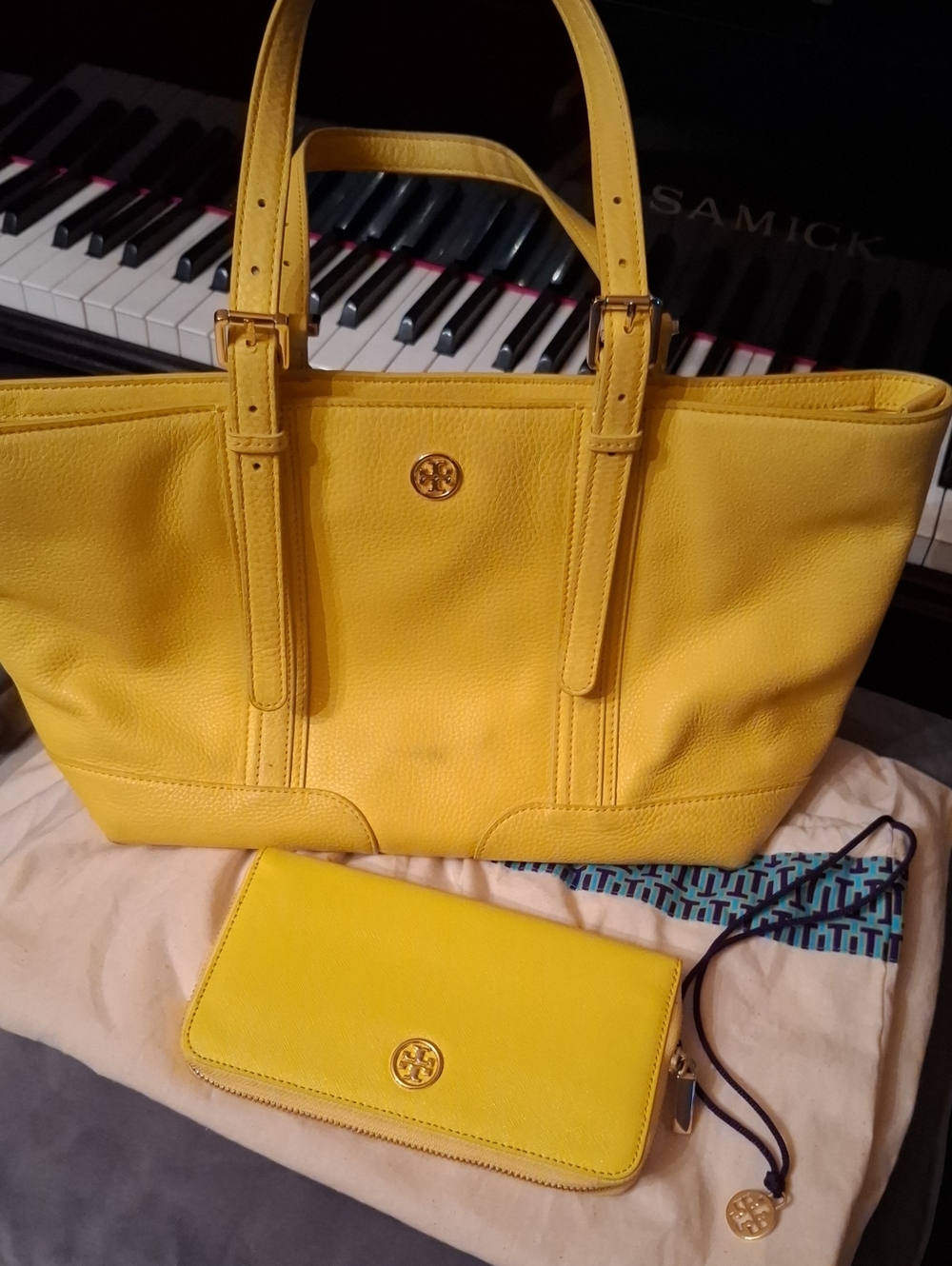 Tory Burch Yellow Leather Tote and Wallet Set